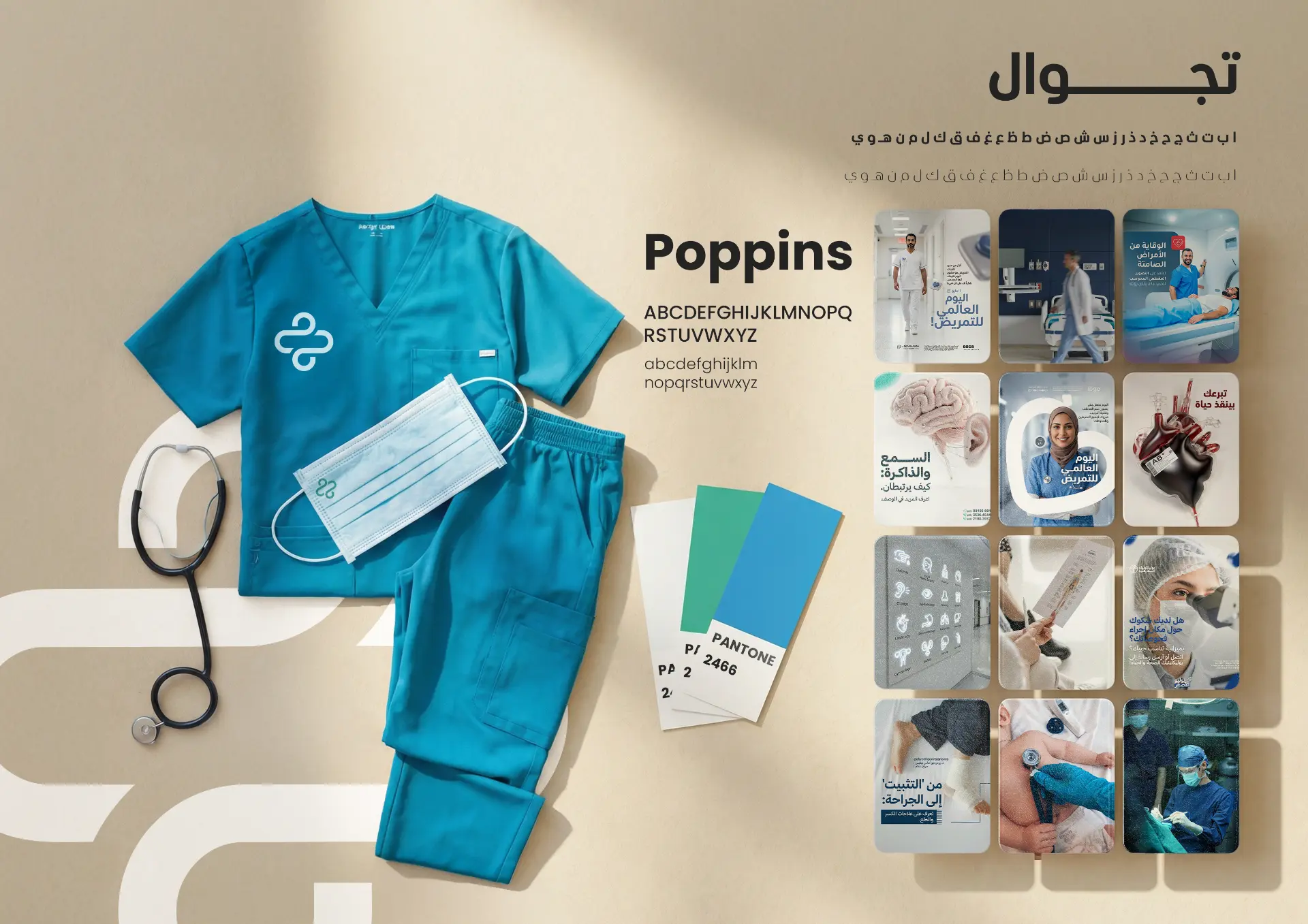 Medical moodboard — brand board (typography Poppins, Pantone 2466)