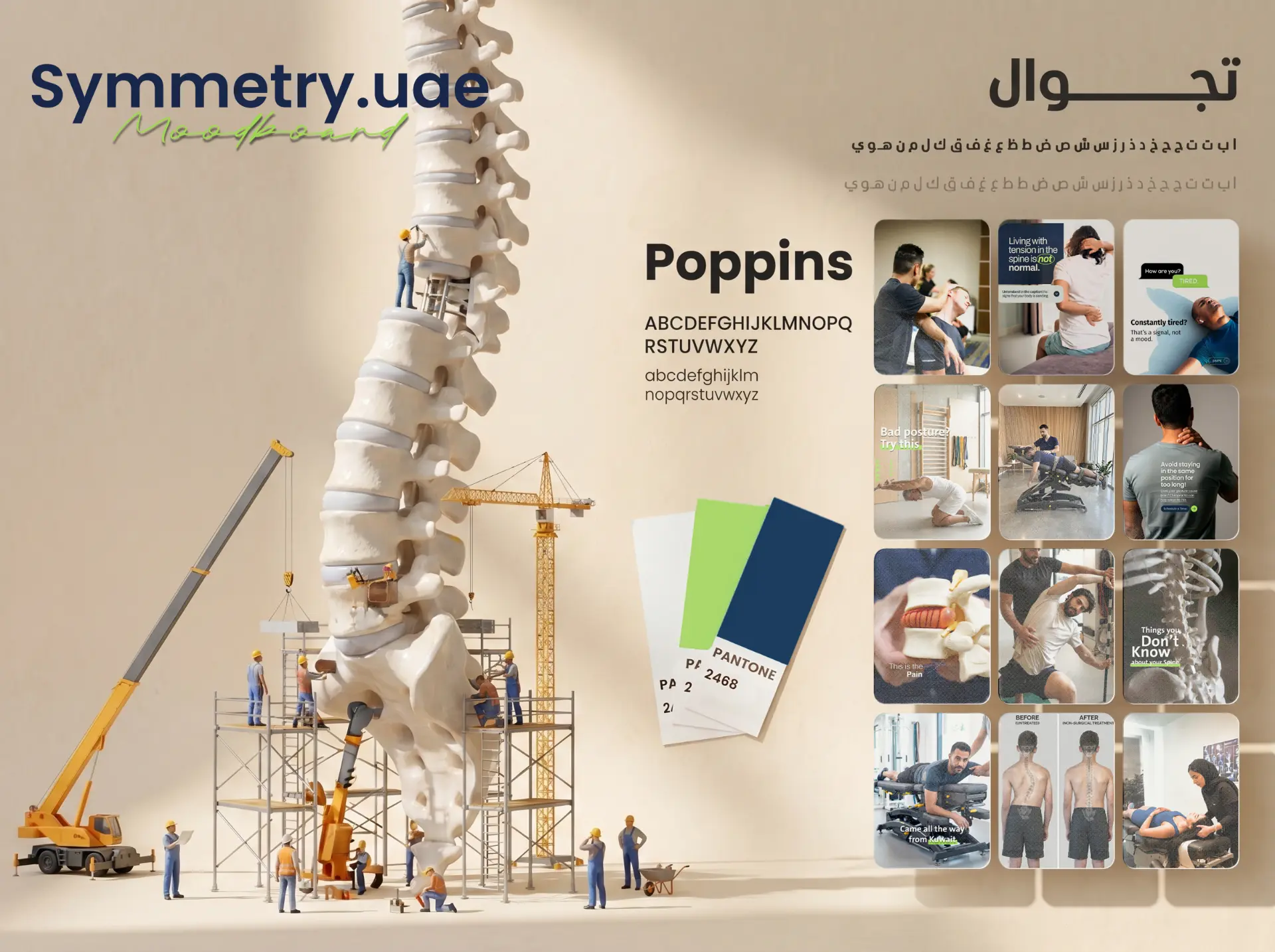 Symmetry.uae moodboard — brand board (typography Poppins, Pantone 2468)